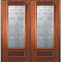 Prehung Double Door 80 Wood Mahogany Marsala 1 Panel 3/4 Lite Glass - Front Doors