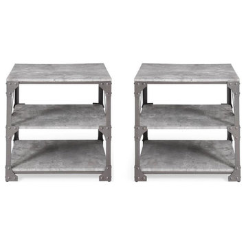 Home Square 23.6" Wide Three Tier Metal & Wood End Table in Gray - Set of 2