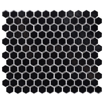 Metro 1" Hex Glossy Black Porcelain Floor and Wall Tile