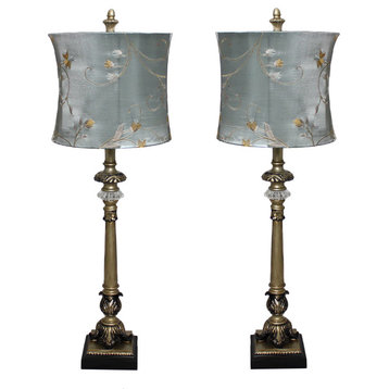 Urban Designs Handcrafted Table Lamp With Blue Golden Vines Shade, Set of 2