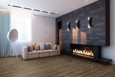Inspiration for a large contemporary formal open concept living room in San Francisco with white walls, vinyl floors, a ribbon fireplace, a tile fireplace surround, no tv and brown floor.