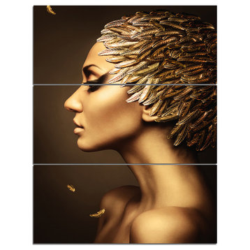 "Woman With Gold Feather Hat" Metal Wall Art, 3 Panels, 28"x36"