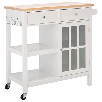 Contemporary Kitchen Island, Window Style Cabinet Doors & Natural Top, White