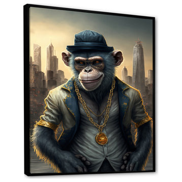 Monkey Gangster In NYC III Framed Canvas, 24x32, Black