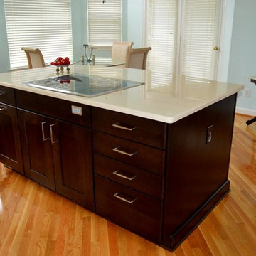 Kitchen Remodel with Maple White Cabinetry, Espresso Island and Tigris Sand Tops