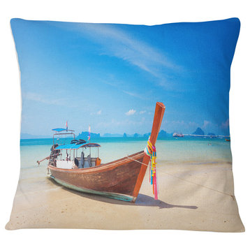 Tropical Beach with Boat Seashore Photo Throw Pillow, 18"x18"