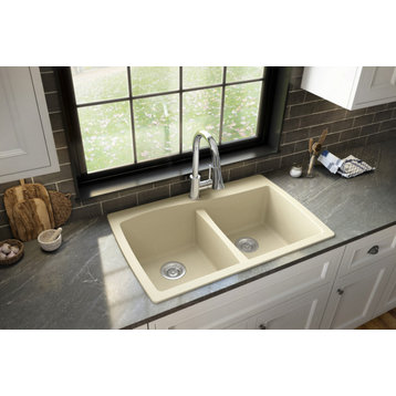 Karran Drop-In Quartz 34" 1-Hole 50/50 Double Bowl Kitchen Sink, Bisque
