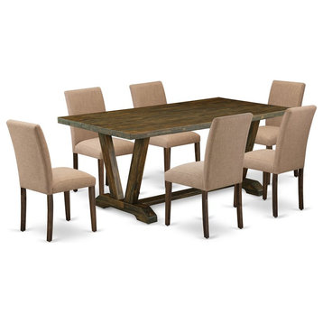East West Furniture V-Style 7-piece Wood Dining Table Set in Brown/Light Sable