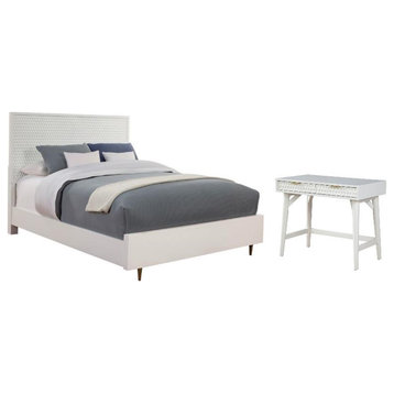Home Square 2-Piece Set with King Panel Bed & Mini Wood Desk in White