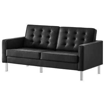 Modern Loveseat, Metal Frame With Faux Leather Upholstered Seat, Silver/Black