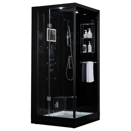 Platinum Arezzo Walk-in Steam Shower Sauna Spa w/ jets Smart TV Bluetooth, Black, Left Position