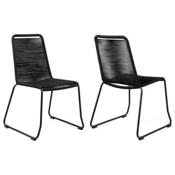 Shasta Outdoor Metal and Black Rope Stackable Dining Chair - Set of 2, Black Rope