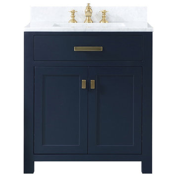 Madison 36" Carrara White Marble Vanity, Monarch Blue With Mirror/Faucet