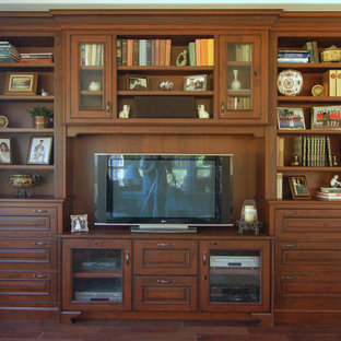Inspiration for a medium sized traditional open plan home cinema in San Luis Obispo with white walls, dark hardwood flooring and a built-in media unit.