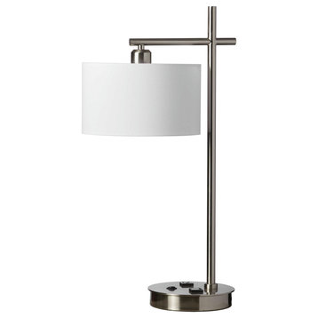 Incandescent Table Lamp with USB Port and Receptacle, Satin Chrome Finish