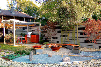 This is an example of a mid-sized asian backyard patio in Nashville with a fire feature, gravel and a pergola.