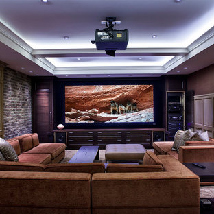 Inspiration for a transitional home theater remodel in Vancouver with a projector screen