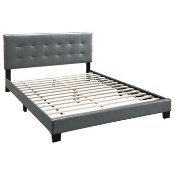 Full Leatherette Bed With Checkered Tufted Headboard, Gray