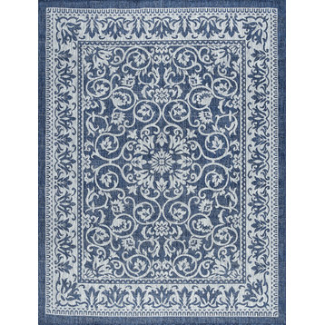 Liva Transitional Floral Navy Light Gray Indoor/Outdoor Rectangle Area Rug 5x8