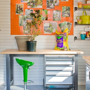 A metal orange pegboard, meant for tools, makes a fantastic magnetic inspiration