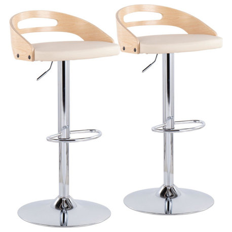 Cassis Adjustable Barstool, Set of 2, Chrome, Natural Wood, Cream PU