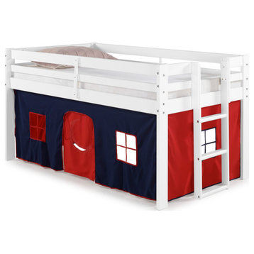 Jasper Twin Junior Loft Bed, White Frame and Blue/Red Playhouse Tent