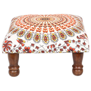 Novica Upholstered Ottoman Foot Stool Mandala Grandeur In Orange