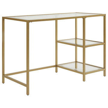 Marcello Glass Top Desk With Shelves, Gold