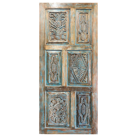 Consigned Sahara Blue Carved Wood Double Doors Vintage Sliding Barn Door 80