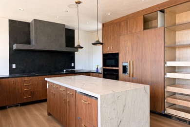Large mid-century modern u-shaped kitchen photo in Santa Barbara with recessed-panel cabinets, an island and black countertops