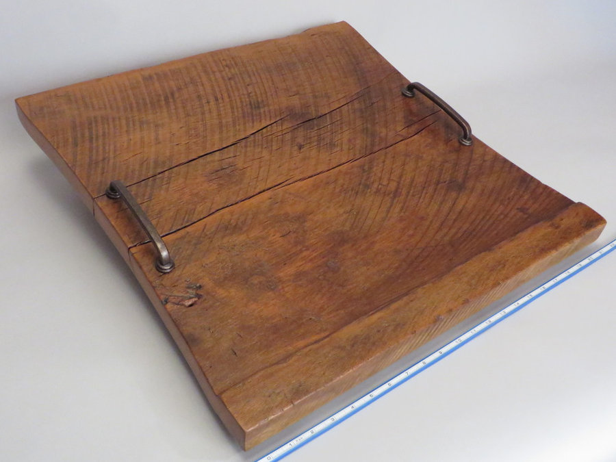 Tray 17023: Red Elm Threshing Floor, Footed, Rustic Surface, Pull Handles.
