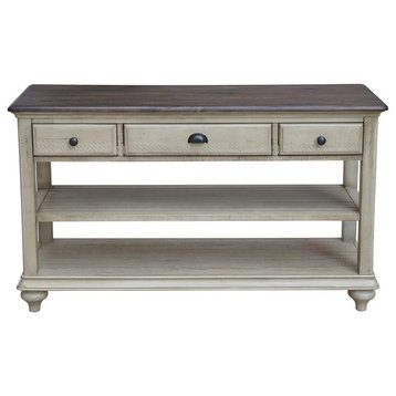 Rustic Console Table, 3 Drawers and Lower Shelf, Antique White - Natural Walnut