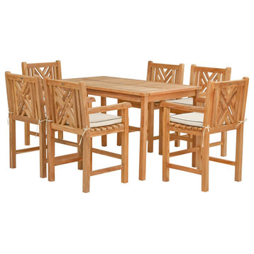 7 Piece Teak Chippendale 63" Rect Counter Set, 6 Counter Stools, Arms