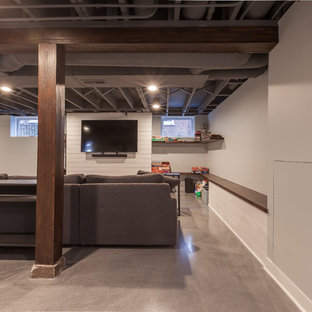 Inspiration for a large classic look-out basement in Chicago with blue walls, concrete flooring, no fireplace and blue floors.