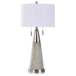 StyleCraft - Cigala Silver - Conical Driftwood Stamped Resin Table Lamp - Ready to shine in a contemporary living room or family room, the Cigala table lamp has a white shade and a gray faux wood frame on a brushed chrome base. There are several additional brushed chrome accents: the lamp's neck, dual pull strings, and the finial. The wide drum shade sets off the conical shape of the body, and the gray and white tones of the faux wood finish complement the brushed chrome finish.