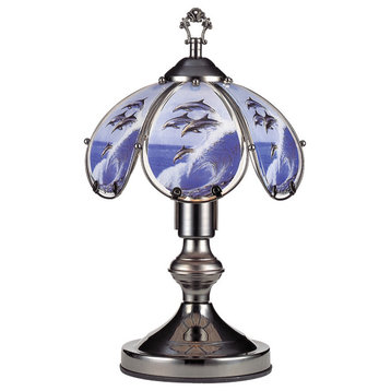 Benzara BM240942 Umbrella Shade Glass Table Lamp Dolphin Print Silver