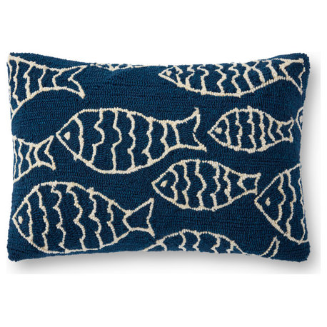 Navy 16"x26" In/out Hand Hooked Fish Pattern Accent Pillow, Polyester/Polyfill