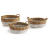 Seagrass Shallow Baskets With Handles, Natural and White, Set of 3