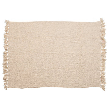 Cotton Blend Boucl? Throw With Fringe, Cream