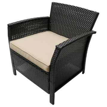 Set of 2, Patio Chair, Wicker Covered Frame With Flat Arms and Cushion, Brown/Tan