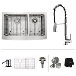 Contemporary Kitchen Sinks 33" Farmhouse Stainless Steel Kitchen Sink, Pull-Down Faucet CH, Dispenser