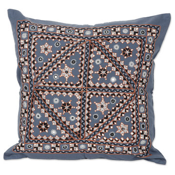 Novica Handmade Azure Constellation Embroidered Cotton Cushion Cover
