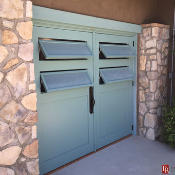 Teal Carriage Doors with Frosted Louvre Windows - Rancho Santa Fe, CA