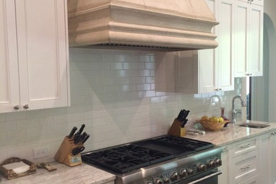 Kitchen - traditional dark wood floor kitchen idea in Atlanta with shaker cabinets, white cabinets, granite countertops, white backsplash, subway tile backsplash and stainless steel appliances