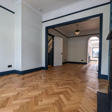 Traditional style oak stair cladding with Herringbone Parquet | SE22