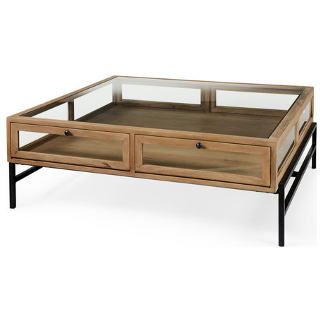 Arelius 42Lx42Wx15H Light Brown, Black Metal Base Square Display Coffee Table