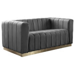 Meridian Furniture - Marlon Velvet Upholstered Loveseat, Gray - Seat guests in the epitome of comfort and style with this Marlon velvet loveseat. This piece is just the thing to showcase your modish style while ensuring total enjoyment from all who are lucky enough to relax on its channel tufted seats. The soft Gray velvet upholstery adds a beautiful touch to your space and feels great against your skin while the brushed gold stainless steel base lends it a contemporary finish.