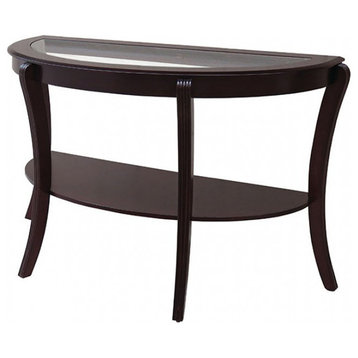 Semi Oval Solid Wood Table With Beveled Glass Top & Open Shelve, Espresso Brown