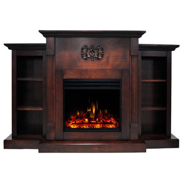 Electric Fireplace With 72" Mahogany Mantel, Bookshelves, Deep Log Display