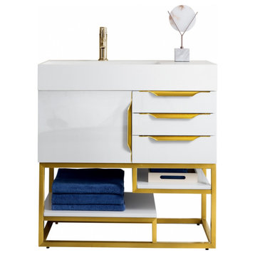 36 Inch Modern White Single Sink Bathroom Vanity Gold Metal Base, James Martin